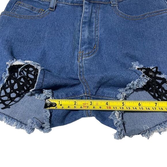 Banjul Women’s Blue Jean Shorts with Black Stocking Cut Outs Size Small - Picture 14 of 15